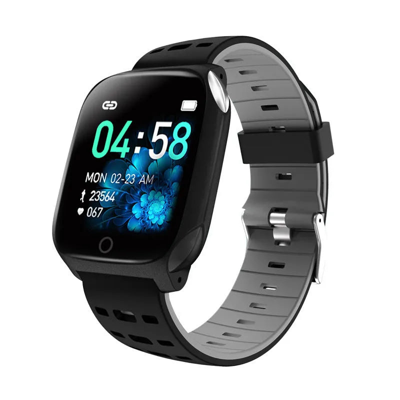 F16 smart watch with ECG monitoring on silicone wristband showing black colour options
