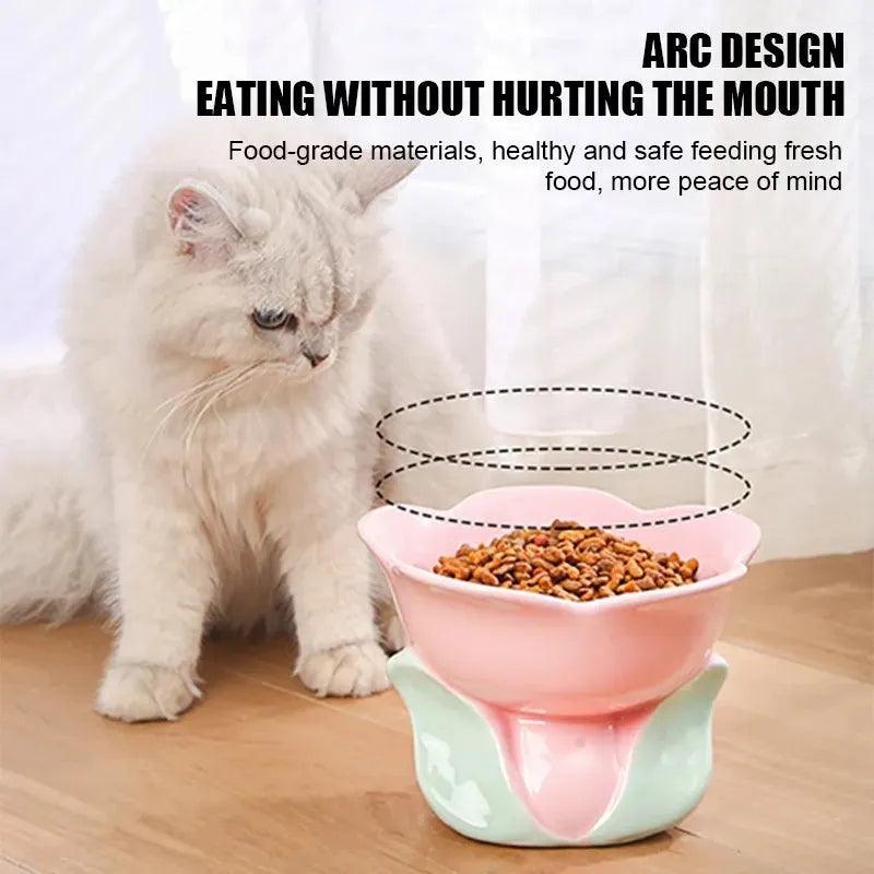 Blue ceramic raised pet bowl with floral pattern and non-slip base for cats or small dogs