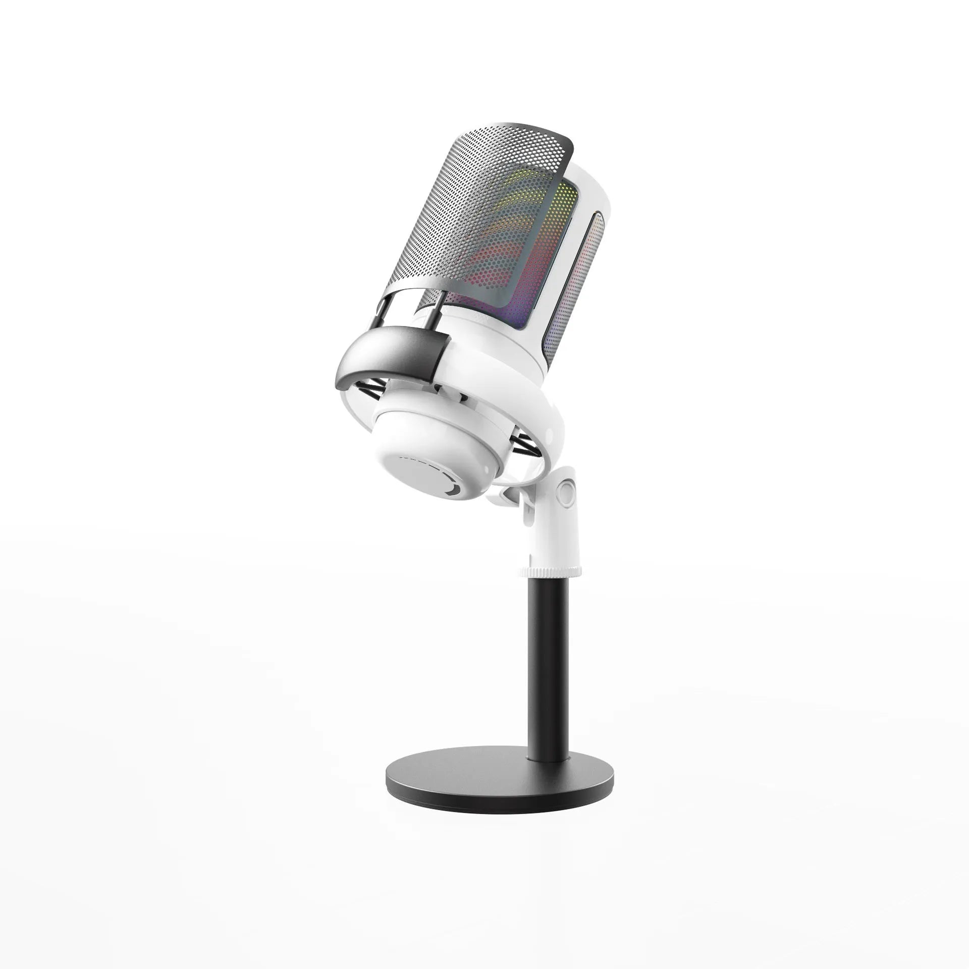 Condenser microphone with RGB lights in black, pink, or white, with a 150cm USB cable.