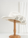 Beige polyester western-style top hat with a conical crown and a woven hexagonal star pattern.