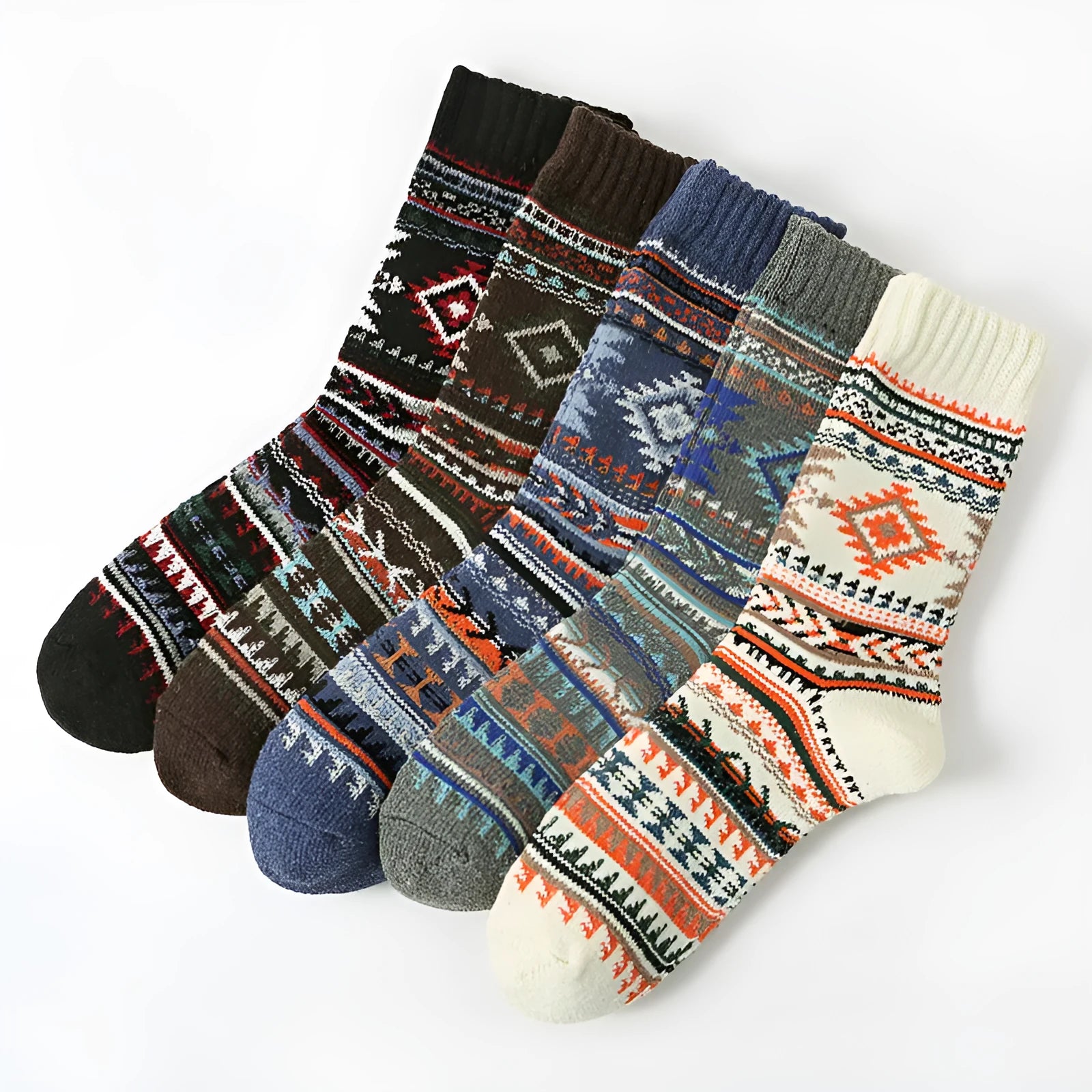 Retro cotton men's anti-friction mid-calf socks in a thick needle large square pattern, 5 pairs pack
