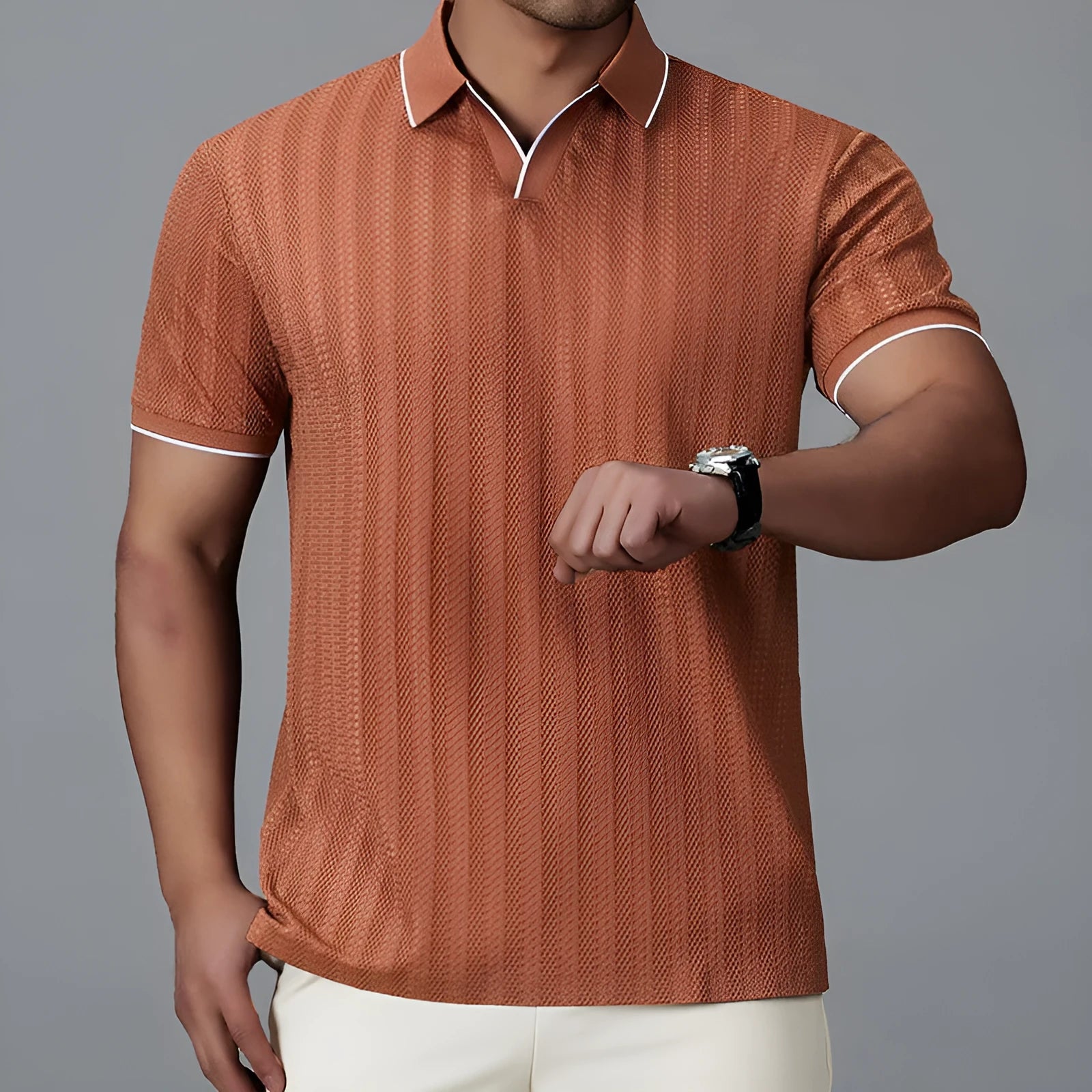 Men's short-sleeved polo shirt in black, loose fit thin nylon fabric with polo collar