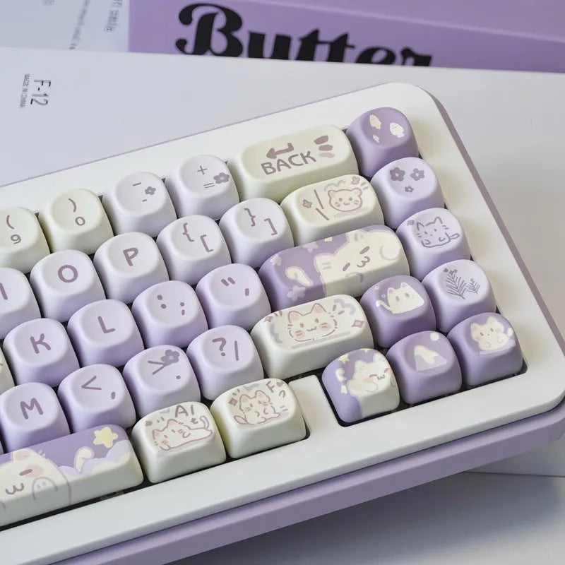 Set of three PBT key caps with sublimation printed character designs in Taro Kitten Moa, Light Green Panda Moa, and Kitty Moa colours