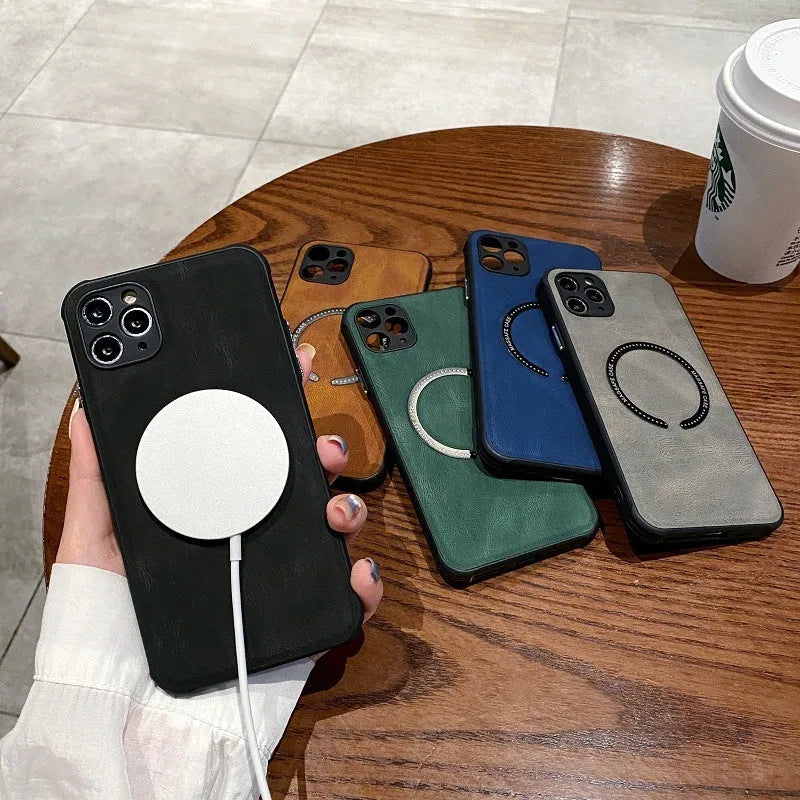 Black imitation leather magnetic charging case for Apple iPhone on a magnetic charging stand.
