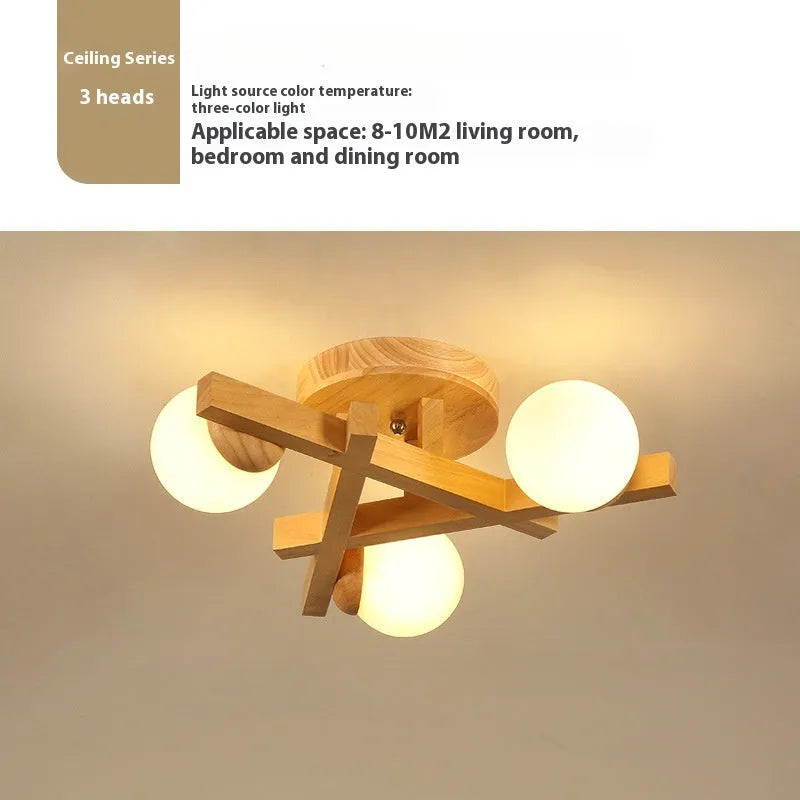 Modern wooden style ceiling lamp with three adjustable light heads emitting neutral white illumination
