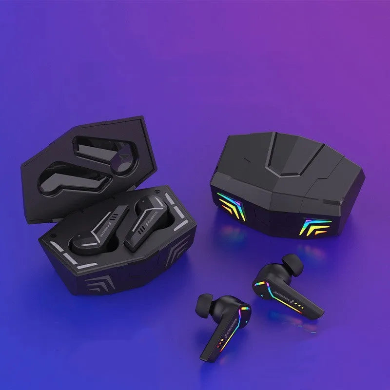 Small black wireless TWS Bluetooth gaming headset with earplug design