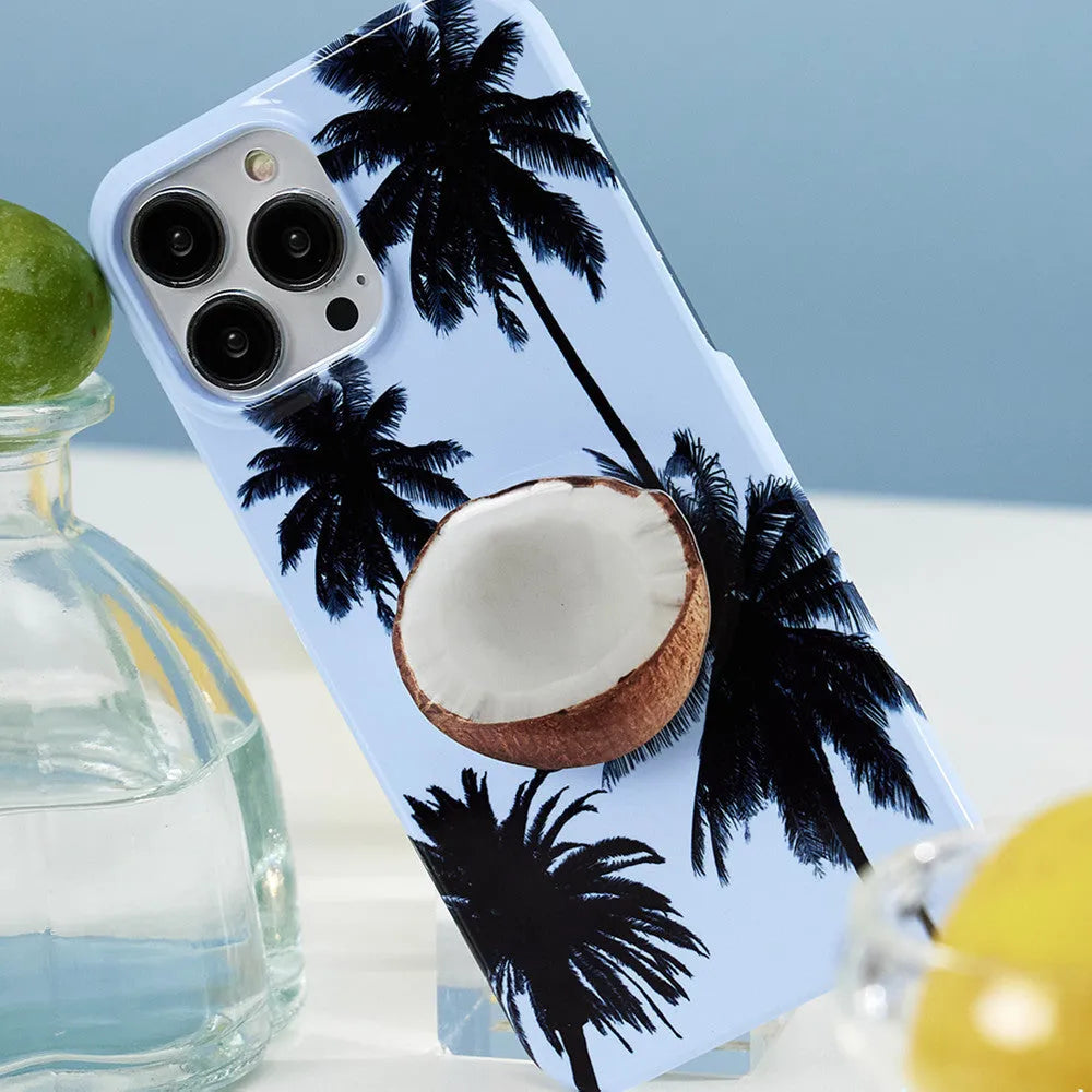 Summer Coconut coloured TPU protective iPhone case with a detachable bracket shown next to an iPhone.