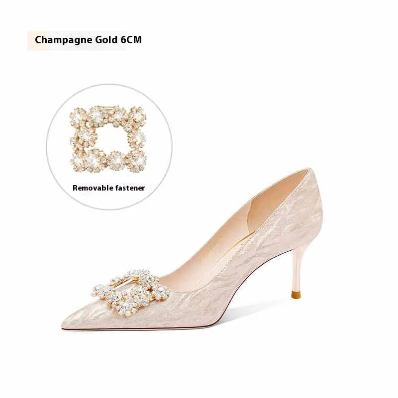 Champagne Gold pointed-toe high heel pumps with rhinestone and sequin decorations on a stiletto heel.