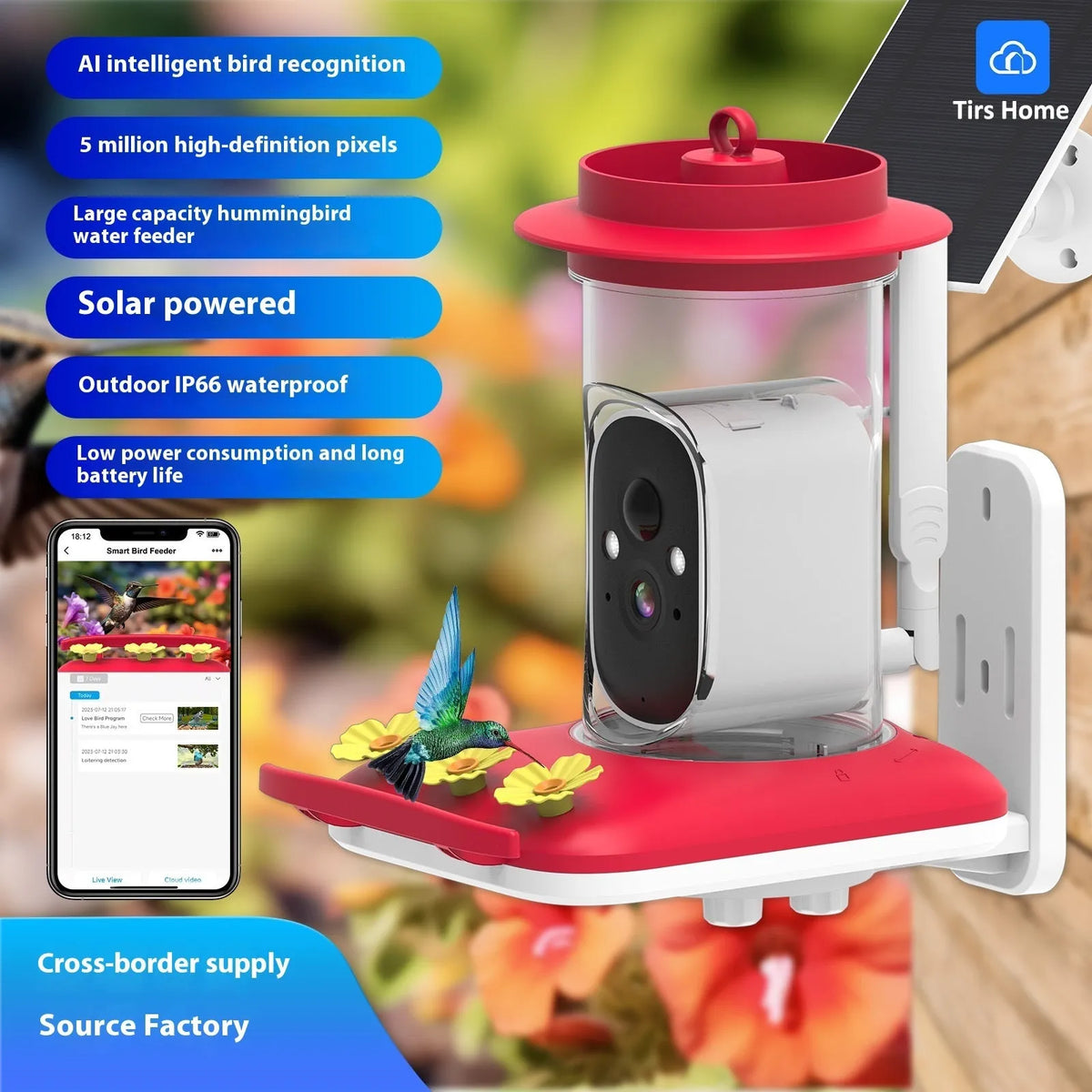 Red intelligent visual hummingbird feeder with 5MP HD camera, solar panel, honey container, straps and bracket