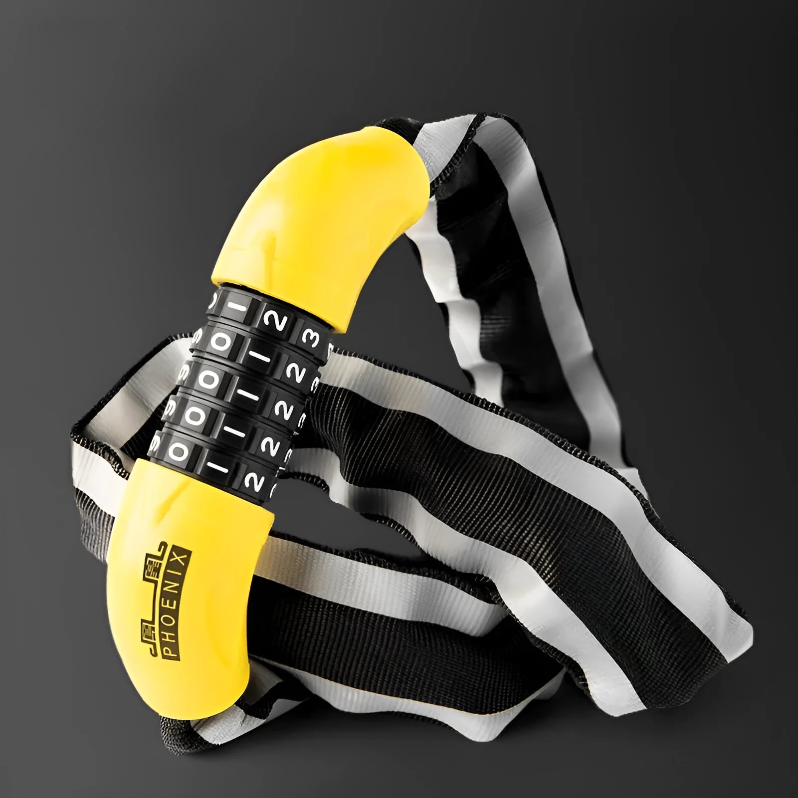 Black and yellow bicycle chain lock with 95cm length showing zinc alloy lock mechanism and steel links.