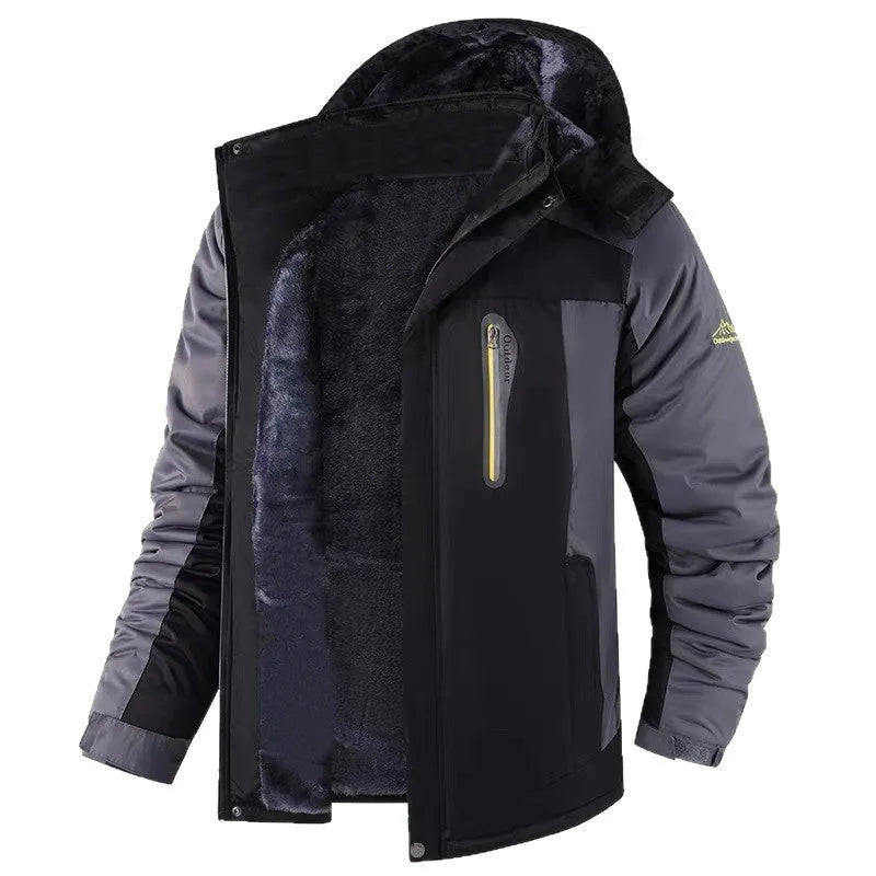 Men's mid-length fleece coat in black, polyester outer, coral fleece lining, non-ironing, sizes L to 5XL
