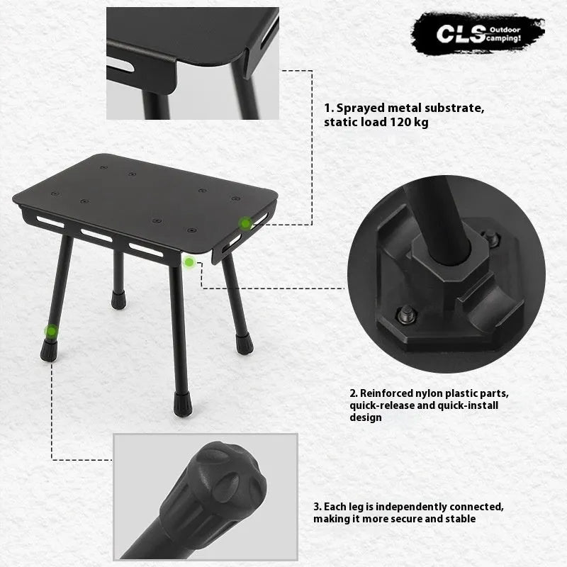 CLS aluminium folding camping stool shown in army green, converted into a small raised table next to a storage bag.