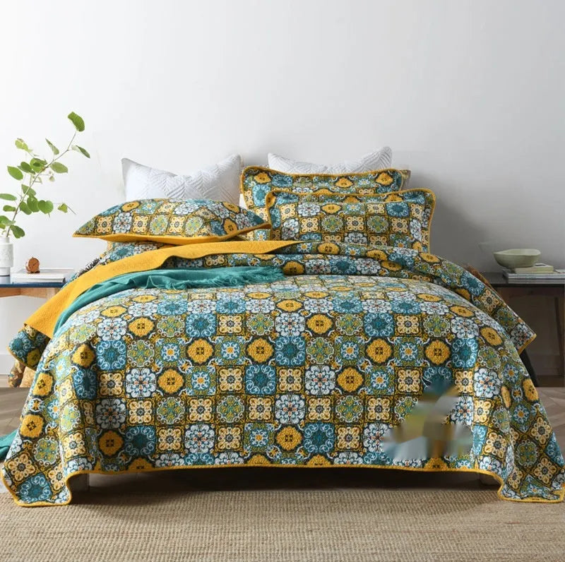 Pure cotton bedspread three-piece set with double-sided geometric patterns for 1.8 metre beds