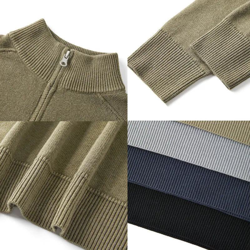 Man wearing a slim fit grey wool pullover sweater with long sleeves.