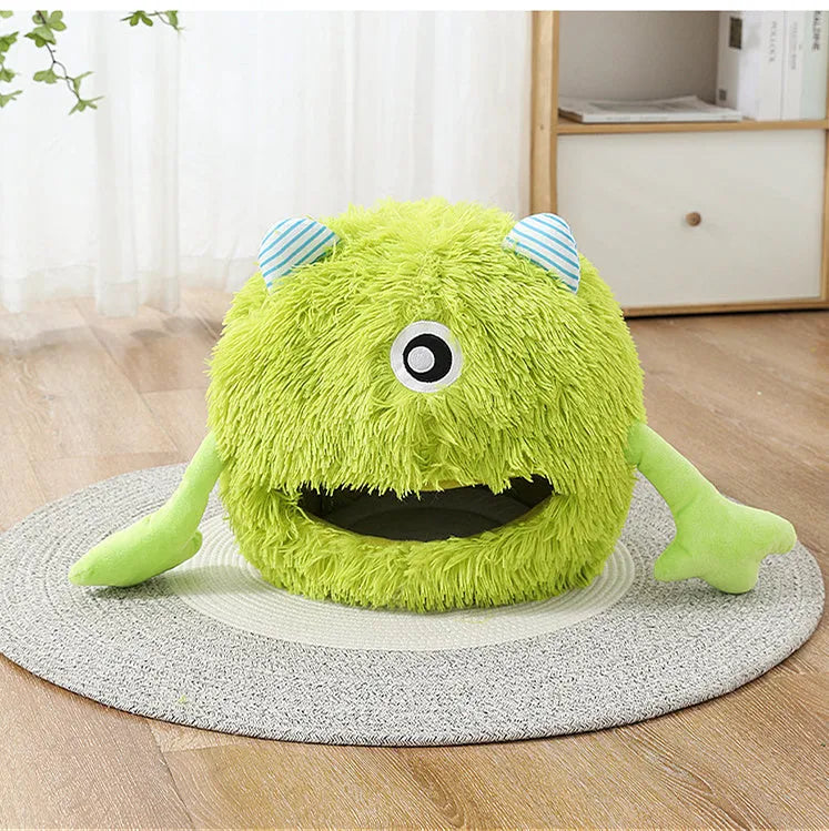 A round, fluffy plush cat bed with a non-slip base, shown in three size options for small, medium, and large pets.