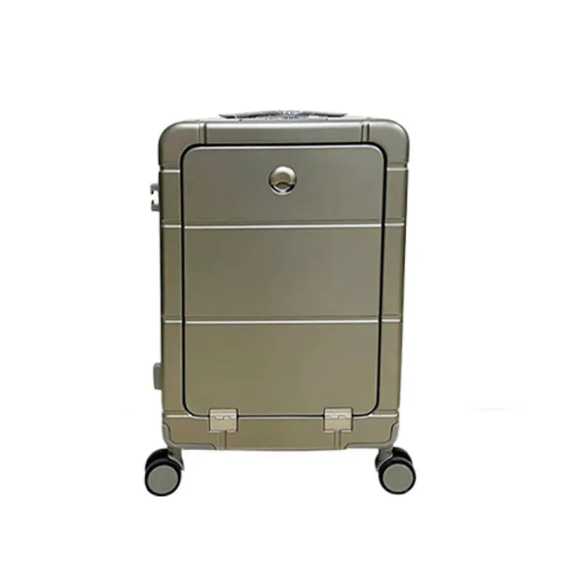 20-inch front opening hard shell suitcase in black with universal wheels and a separate compartment for dry and wet items.