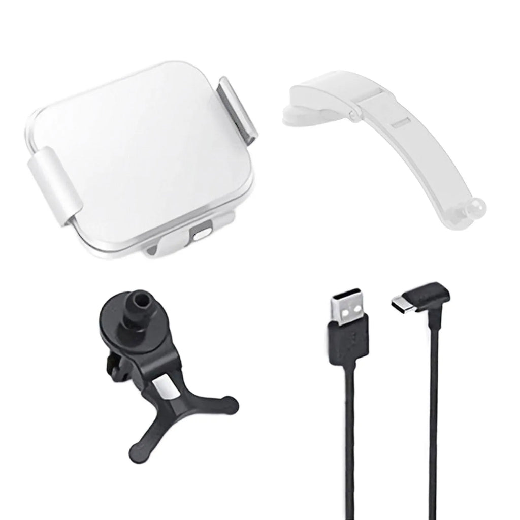 Grey wireless charging car phone holder with folding screen and multiple mounting accessories