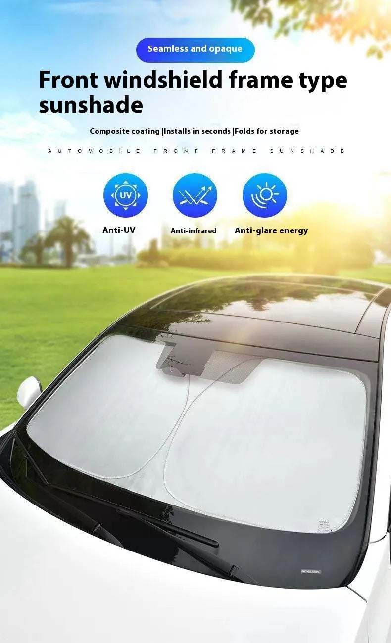 Titanium silver aluminium foil car sunshade shown in a rectangular shape for windshield protection.