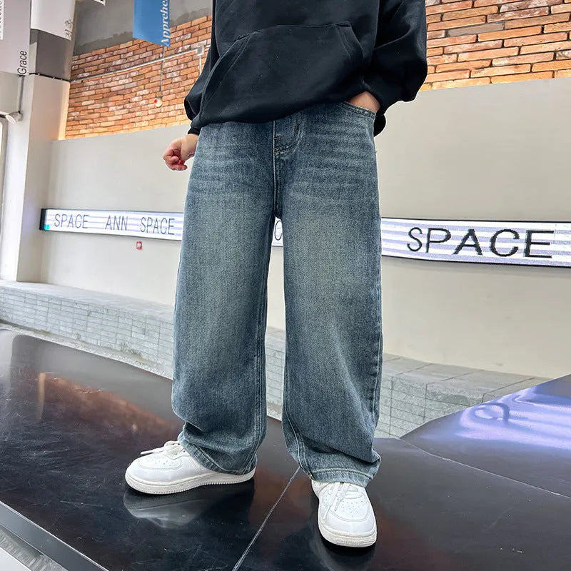 Men's straight loose blue denim jeans solid colour cotton trousers height 120cm to 170cm