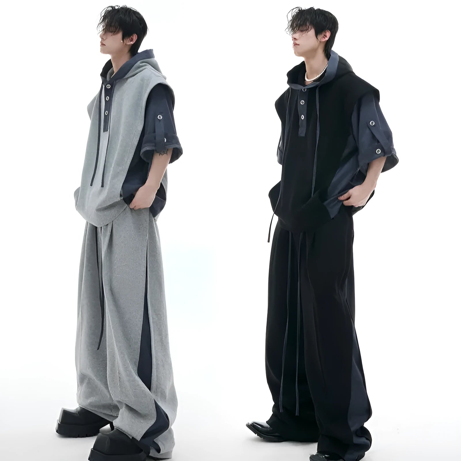 Polyester hooded tracksuit with three-dimensional stitching design in black and grey colours