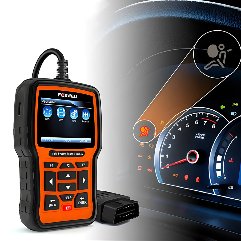 Orange and black Foxwell NT510 automotive diagnostic tool with display screen and data cable