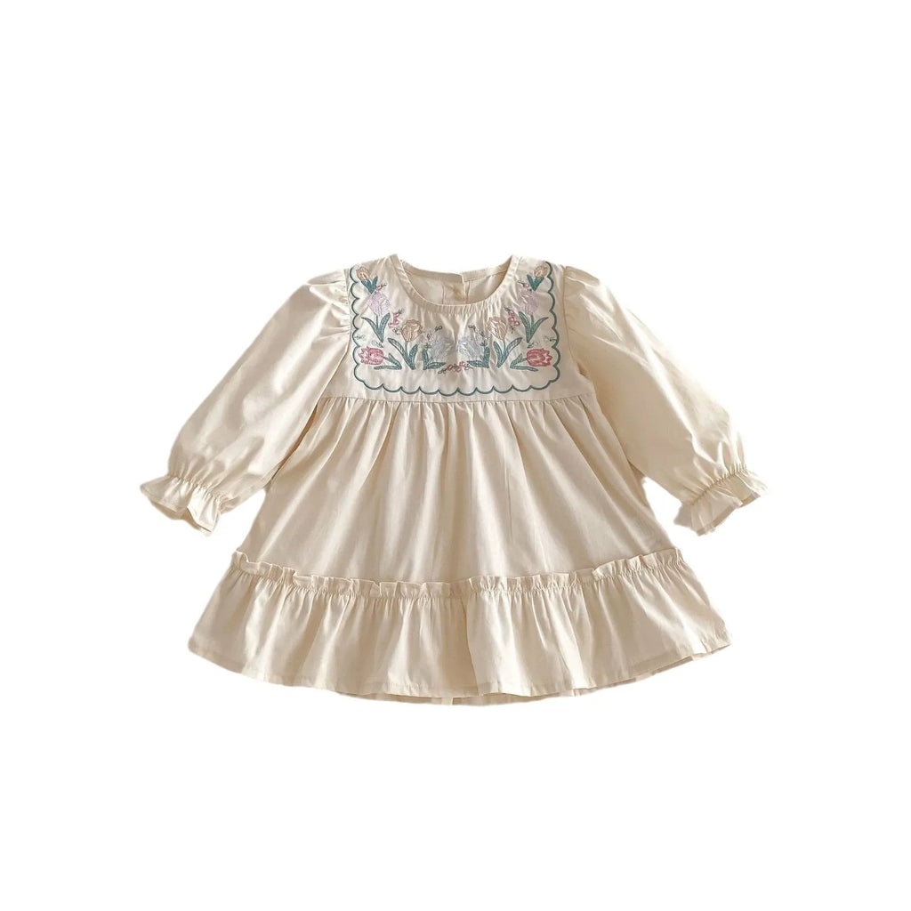 Girls' apricot long sleeve dress with flower embroidery and ruffled details, cotton fabric, princess skirt style