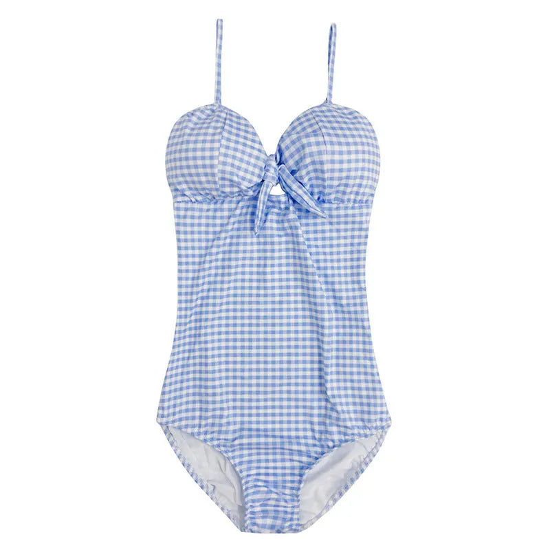 Women's blue and white plaid one-piece swimsuit with nylon construction