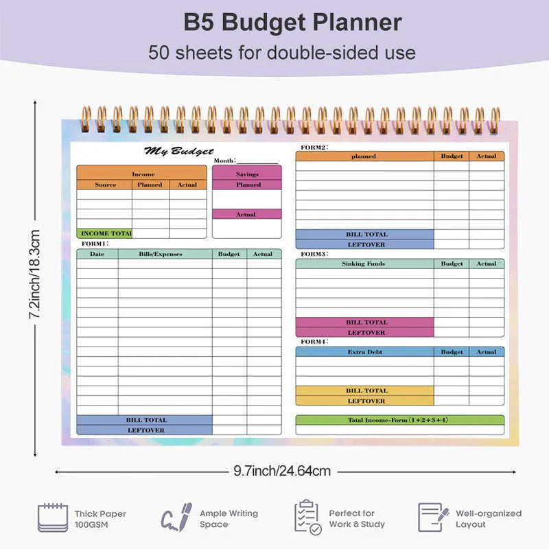 B5 size spiral bound budget notebook with a PP cover, open on a table.
