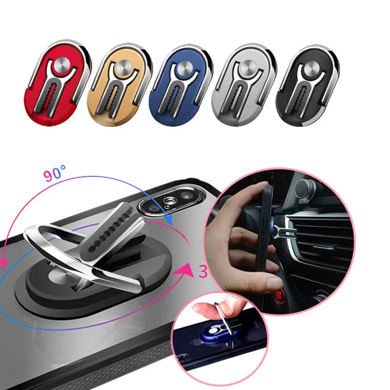 Universal mobile phone bracket with adhesive dashboard mount showing 360° rotation mechanism