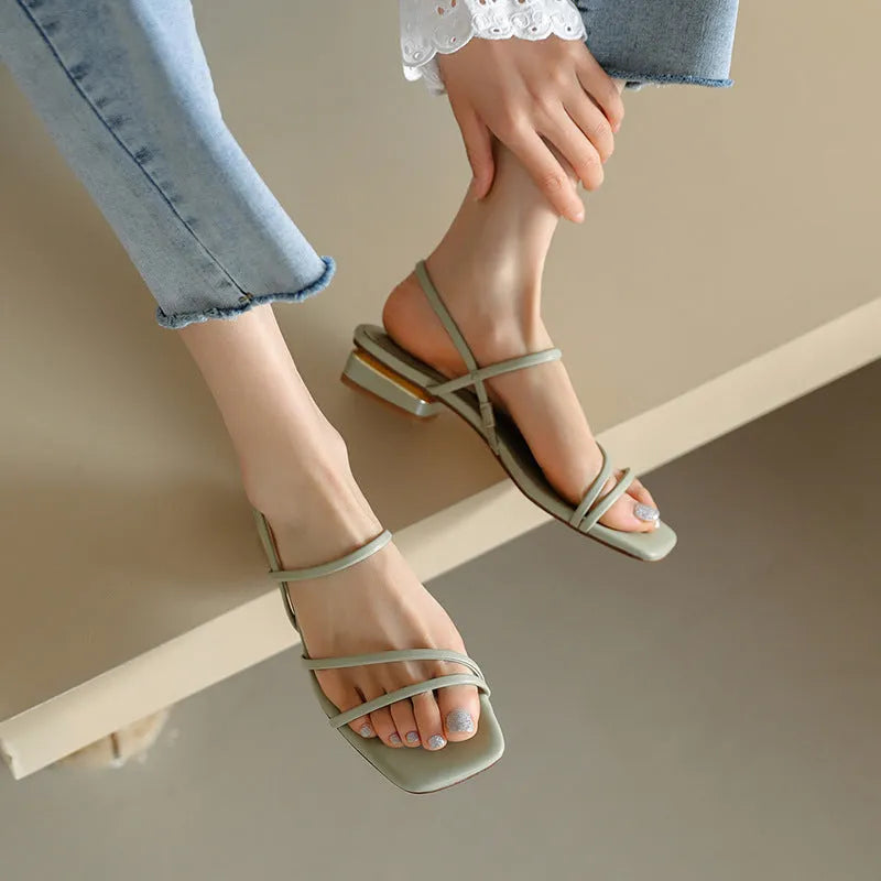 Women's green flat strap Roman sandals with square toe and microfiber upper in Korean style.