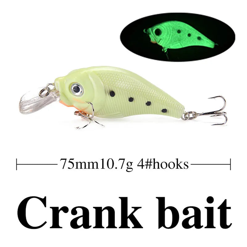 Set of five fluorescent 3D hard fishing bait lures with luminous design for predator fish.