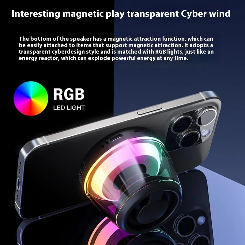 White and black portable mini Bluetooth speaker with magnetic base and ambience light for outdoor and desktop use