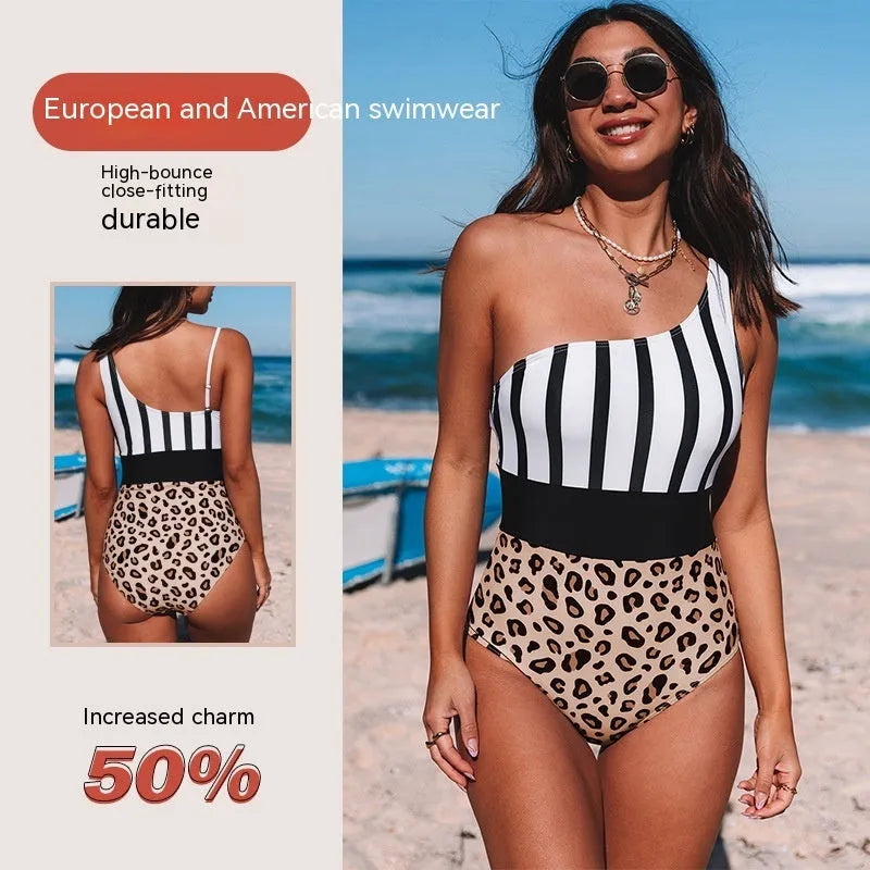Leopard print women's one-piece swimsuit with asymmetric collar and high-waisted design