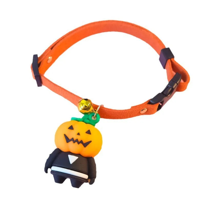 Halloween dog collar decoration in polyester with cartoon pumpkin, luminous brat, or skull patterns.