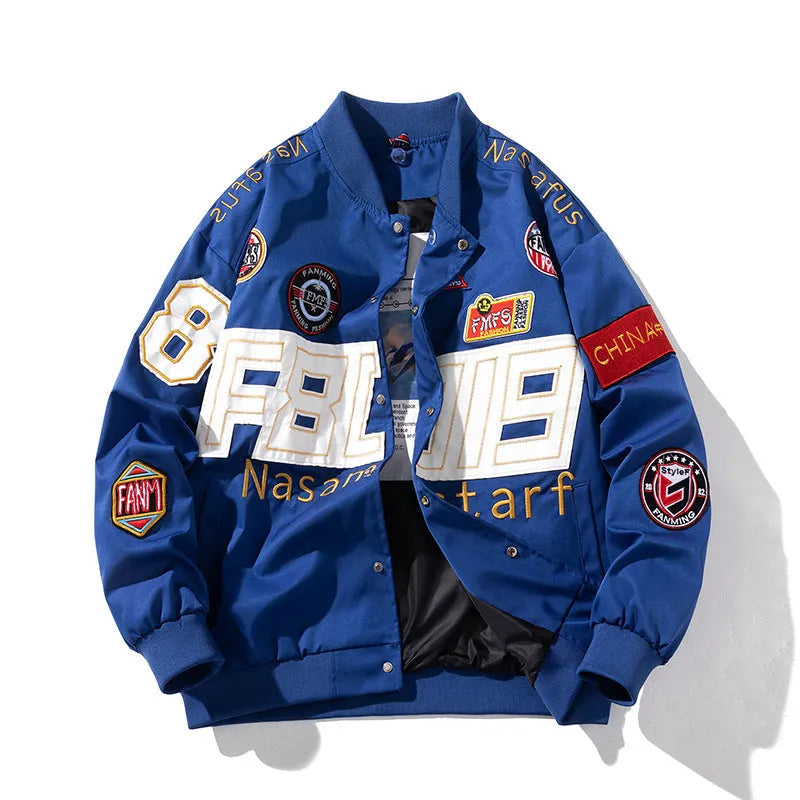 Black American motorcycle baseball uniform jacket with side pocket, shown in loose fit