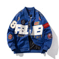 Black American motorcycle baseball uniform jacket with side pocket, shown in loose fit