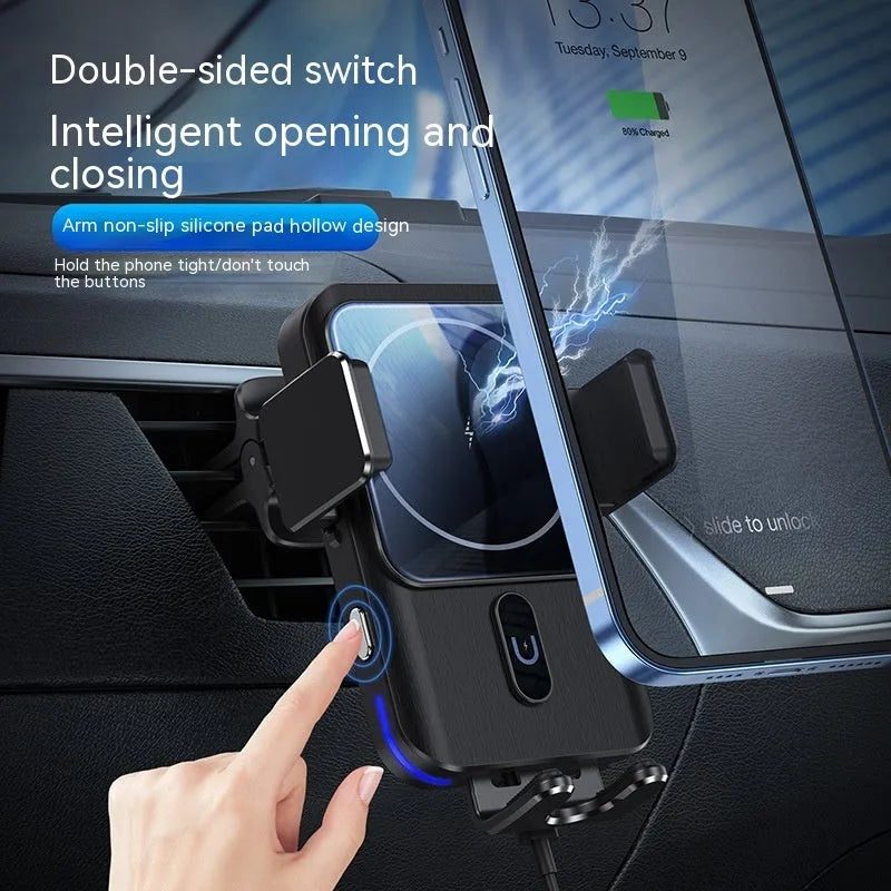 Black car wireless charger phone holder with 15W fast charging, shown with clip and suction cup mounting options.