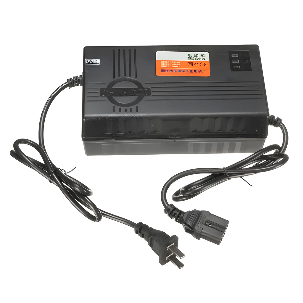 Black 72V20AH electric car charger with choice of AU, EU, or US plug styles