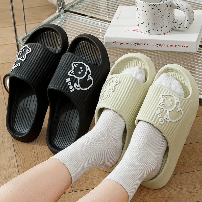 Women's cat print platform slippers in green, with a thick non-slip EVA sole for indoor and outdoor use.