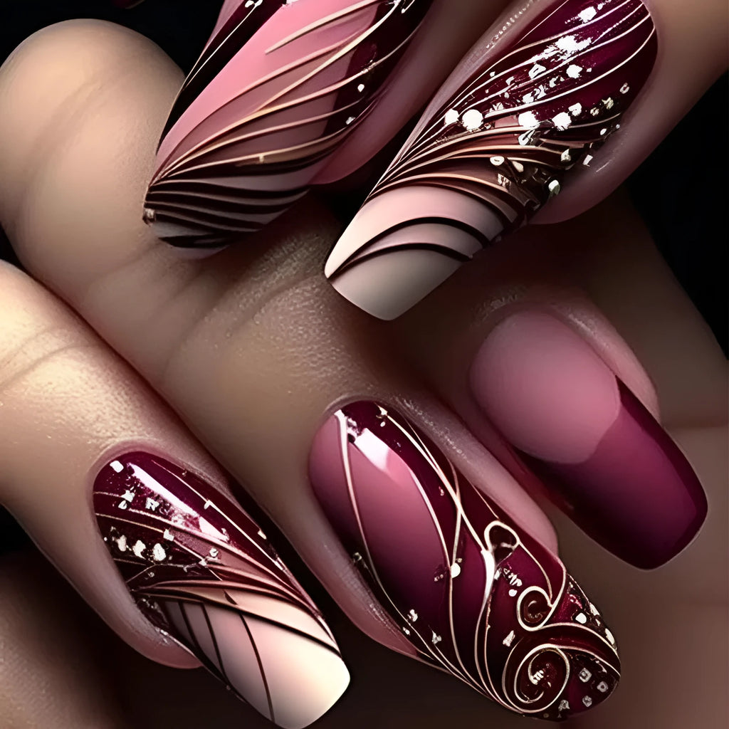 French line pattern false nails with glue tube, 24-piece press-on nail set