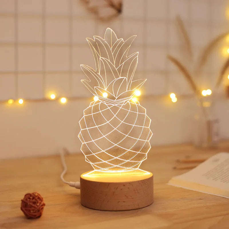 Cartoon pineapple shaped table lamp with wooden base and acrylic shade on a bedside table.