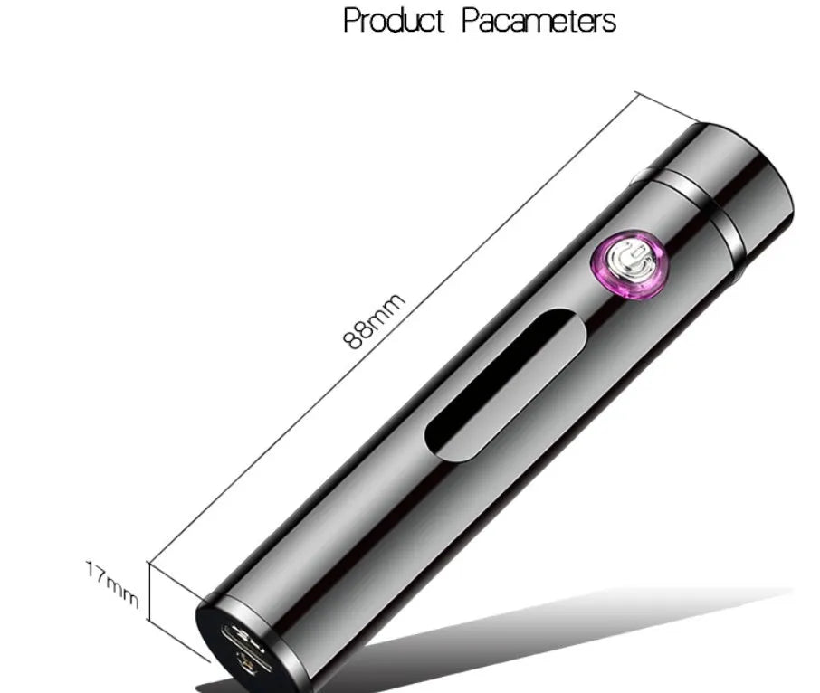 Metal USB electronic cigarette lighter in cylindrical design with USB charging cable, 8.4cm long