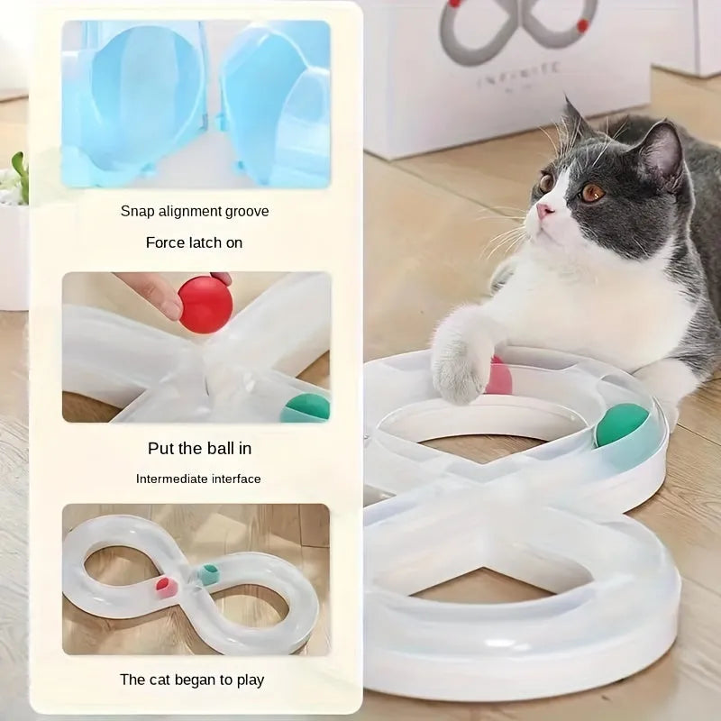Blue and white cat track toy with turntable ball mechanism and teasing stick attachment