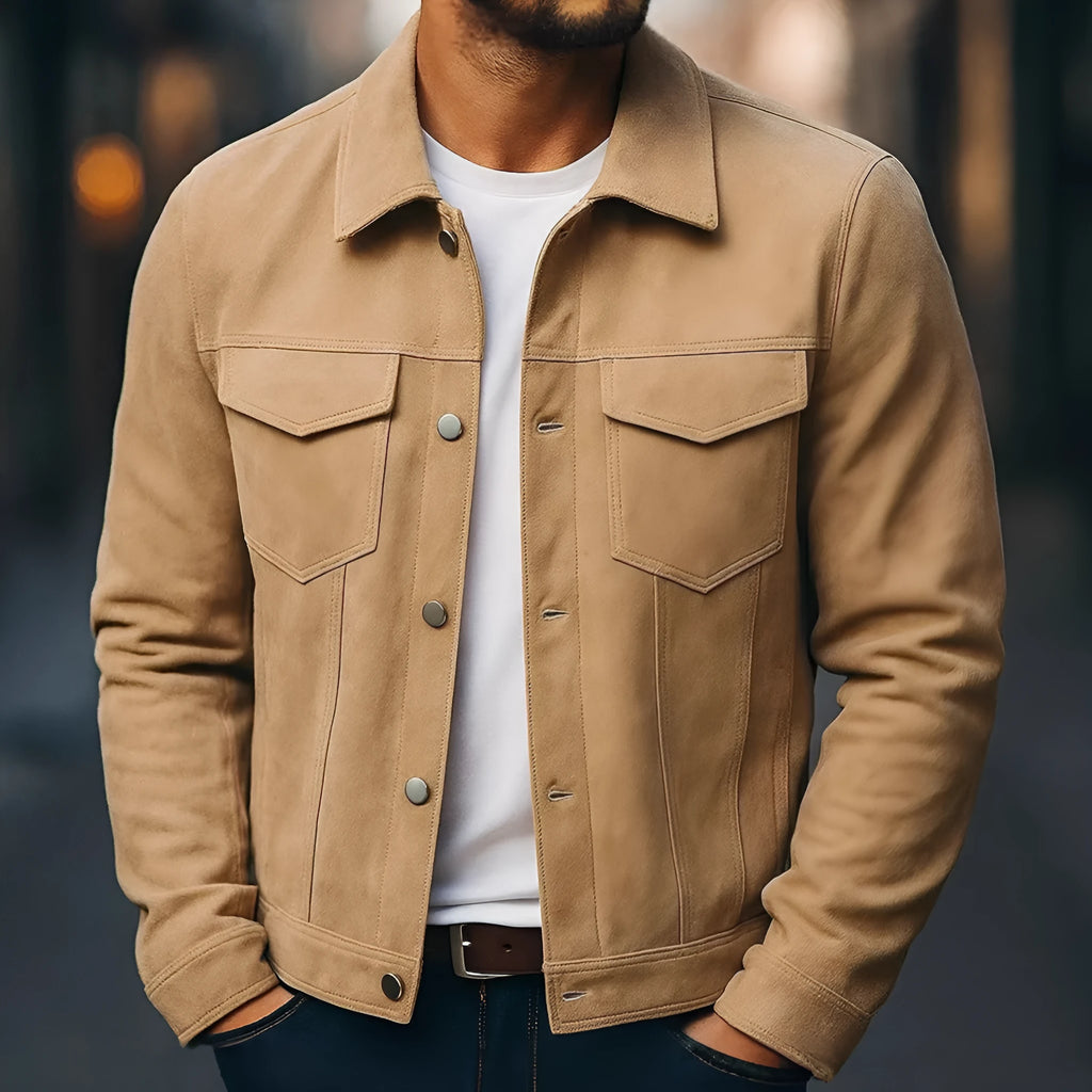 Men's suede winter lapel work jacket with 3D patch pocket, loose fit, brown apricot or grey, sizes S-XXL