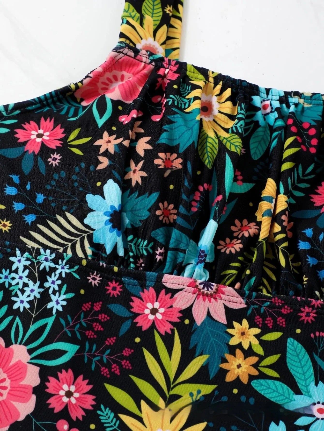 Women's pastoral floral print one-piece swimsuit in polyester fabric with full coverage design
