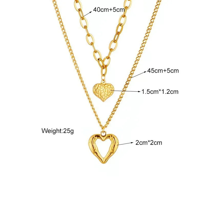Titanium steel angel wings love necklace set with two heart-shaped pendants on O-shaped chain, silver finish