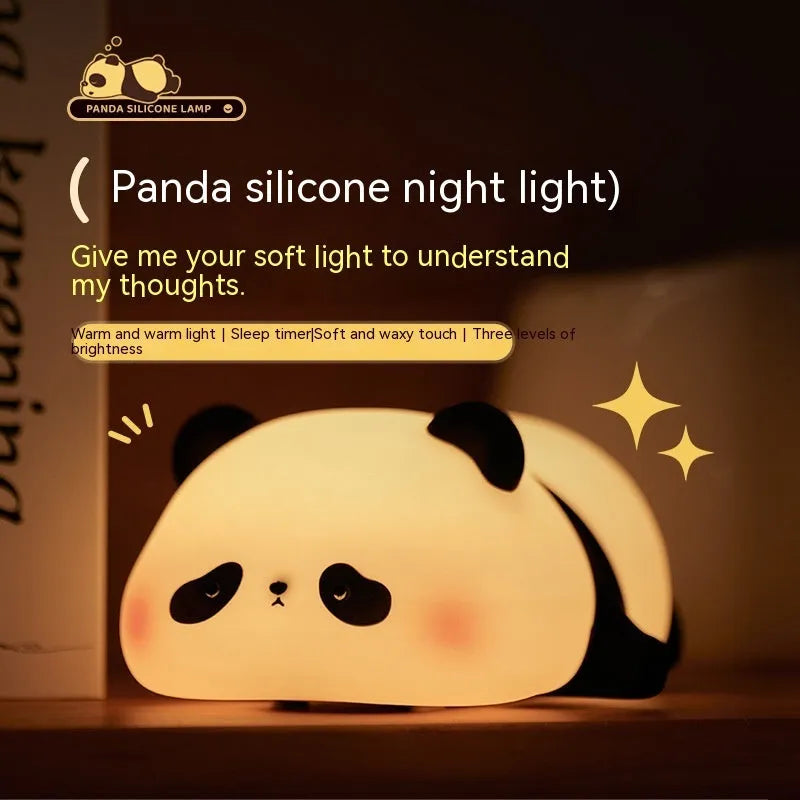 Cartoon panda-shaped night light with warm white glow, measuring 150x130x80mm