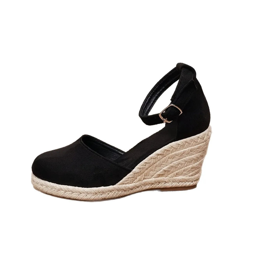 Women's suede wedge sandals in apricot with buckle closure and round toe, Roman style