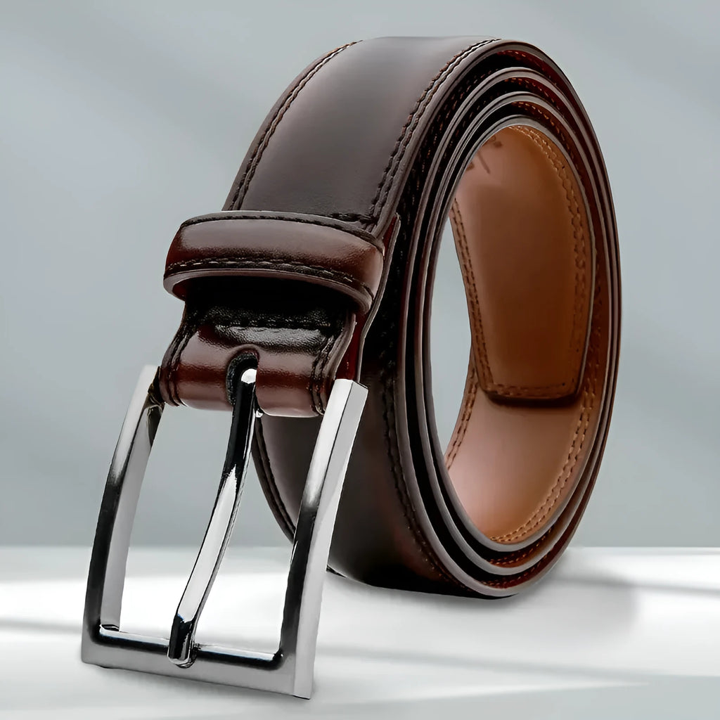 Men's genuine leather casual belt with alloy buckle in 95 grain black, brown, or yellow brown.