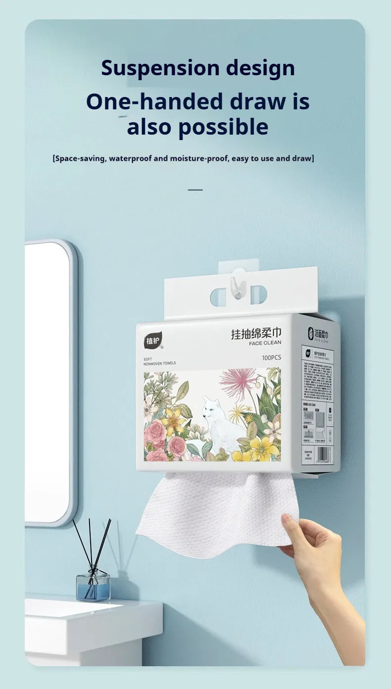 Disposable hanging roll of 100 soft face cloths made from viscose and polyester blend.